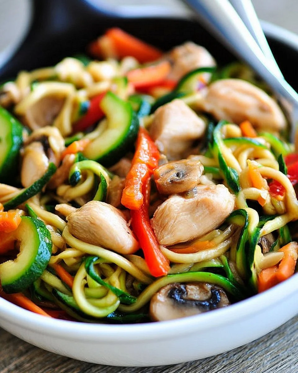 Easy chicken zucchini noodle stir fry dish with vibrant green zucchini noodles