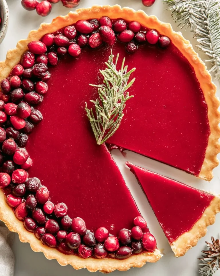 A delicious easy cranberry tart topped with fresh cranberries on a white plate.
