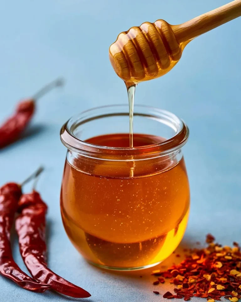 Jar of easy homemade hot honey with chili peppers