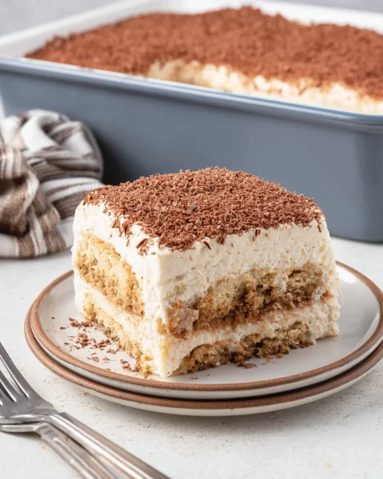 Easy tiramisu poke cake with layers of coffee-soaked cake and mascarpone frosting