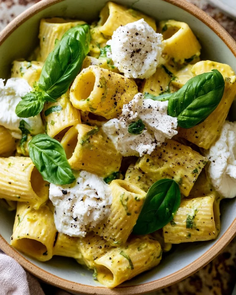 Plate of easy zucchini pasta with ricotta and basil, garnished with fresh herbs