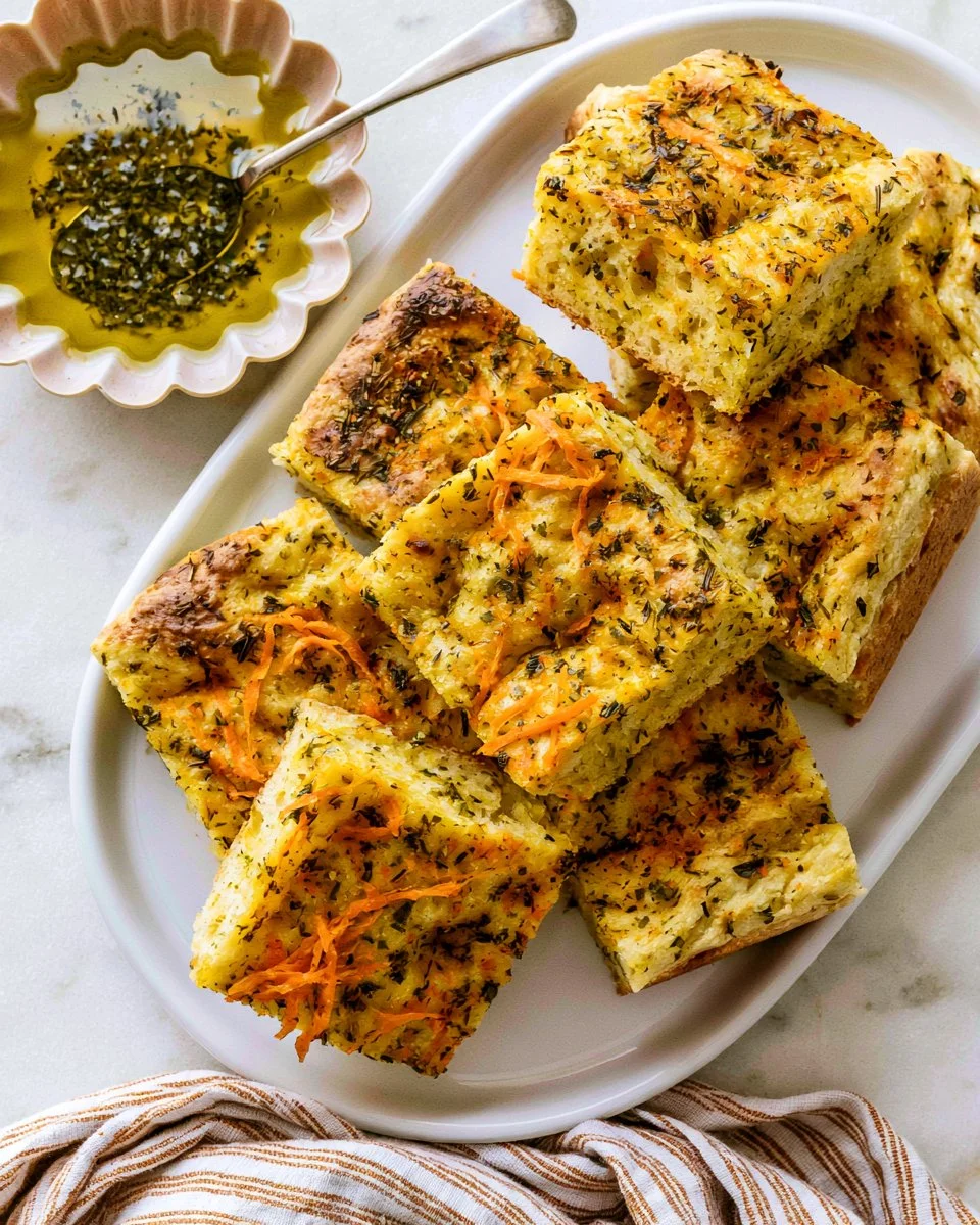 Homemade focaccia bread topped with herbs and olive oil.
