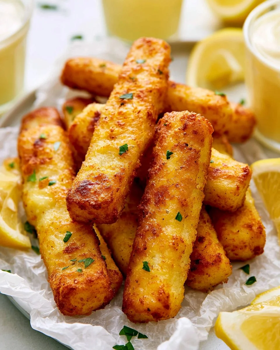 Crispy frozen fish sticks cooked in an air fryer, ready to serve.