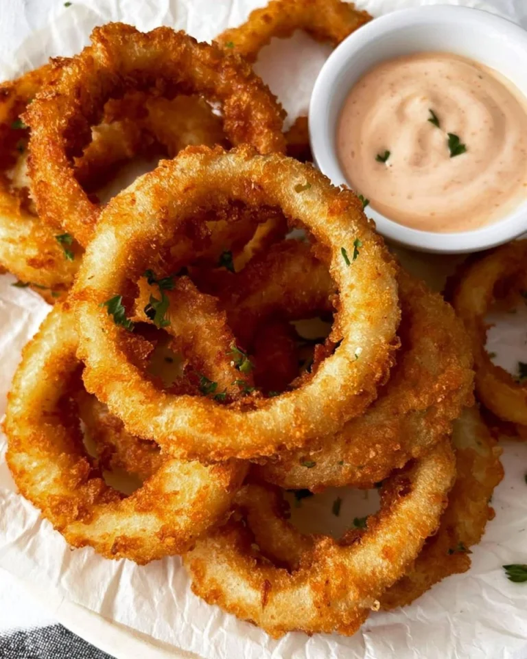 Crispy frozen onion rings cooked in an air fryer for a tasty snack