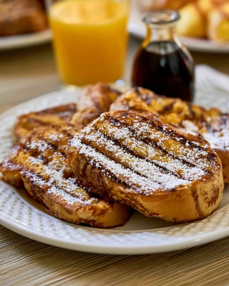 Delicious grilled French toast served with syrup and fresh fruit