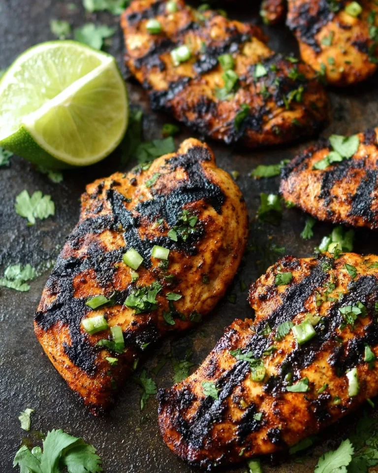 Grilled lime cilantro chicken garnished with fresh herbs and lime slices