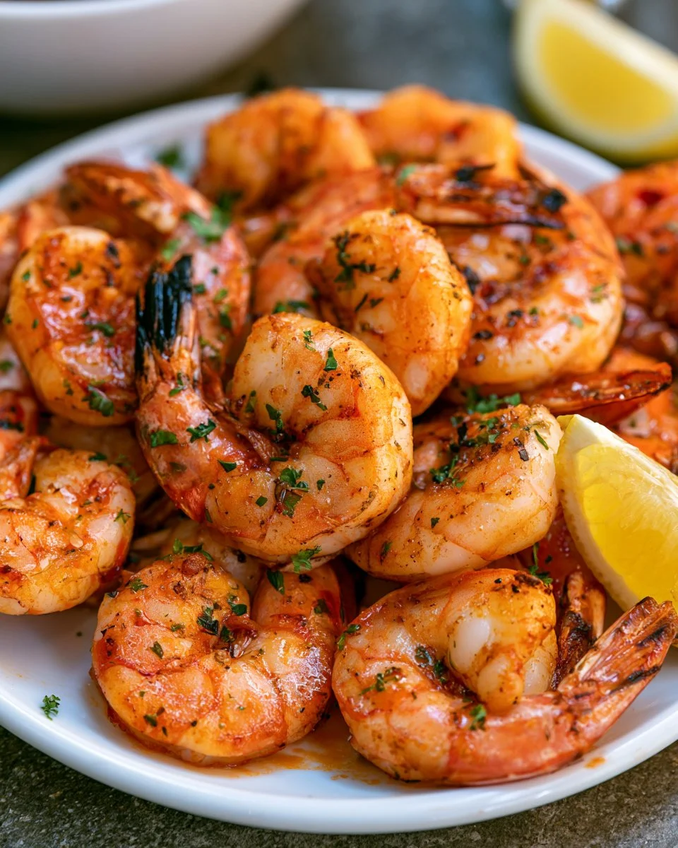 Delicious grilled peel and eat shrimp served on a platter