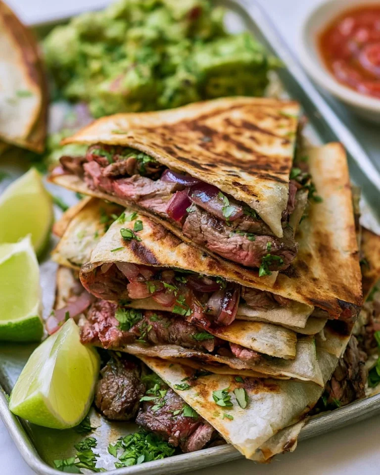Delicious grilled skirt steak quesadillas served with toppings.
