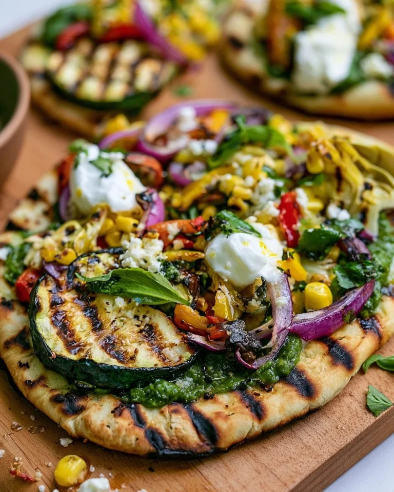 Delicious grilled vegetable flatbreads topped with fresh veggies and herbs