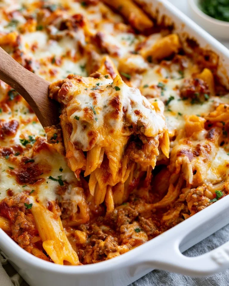 Delicious ground beef casserole topped with cheese and baked to perfection.