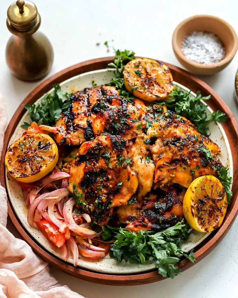 Plate of honey mustard chicken garnished with herbs.