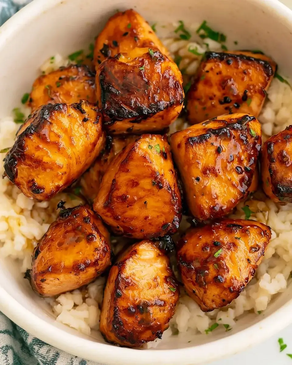 Plate of spicy hot honey salmon bites garnished with herbs.