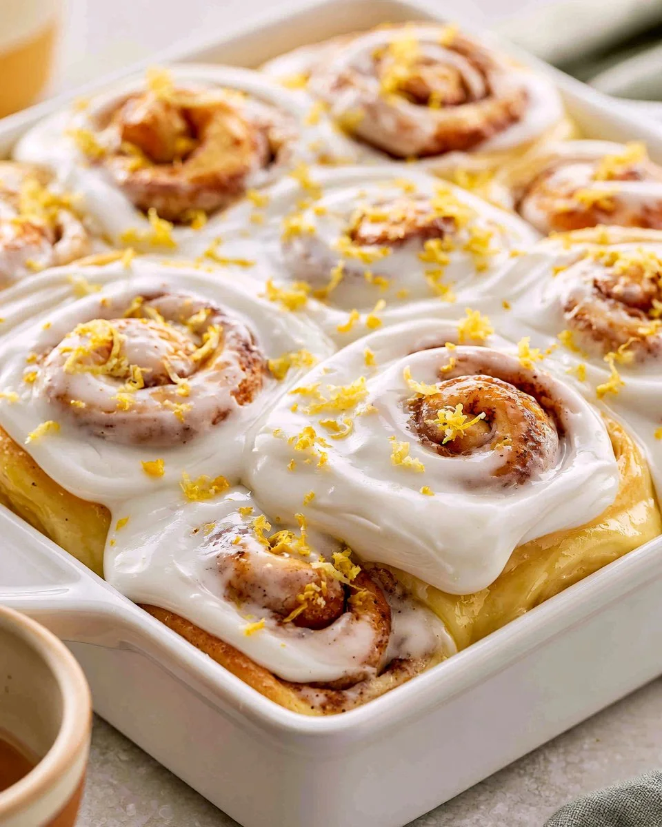 Freshly baked lemon sweet rolls on a plate with glaze