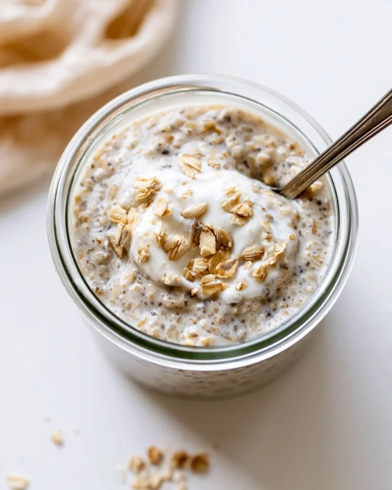 Healthy overnight oats topped with fruits and nuts in a glass jar