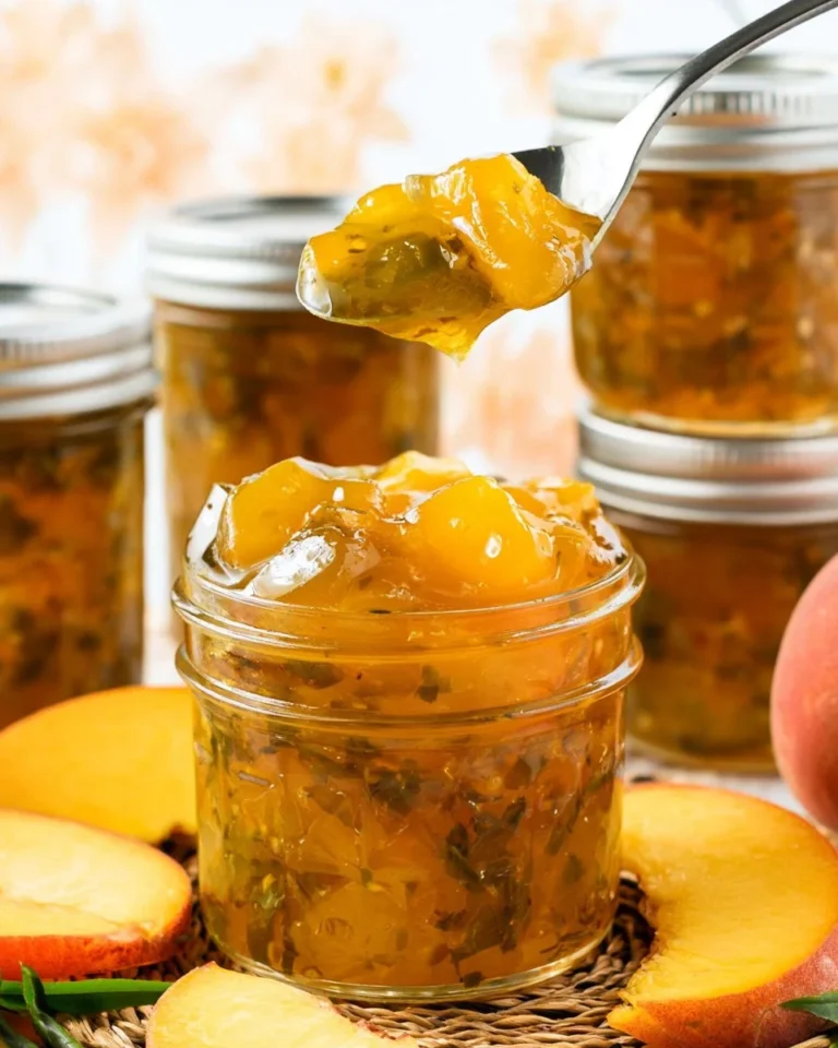 Homemade Peach Jalapeno Jam in a jar with fresh peaches and jalapenos