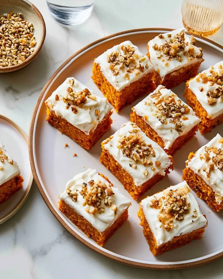 Delicious homemade pumpkin bars topped with cream cheese frosting.