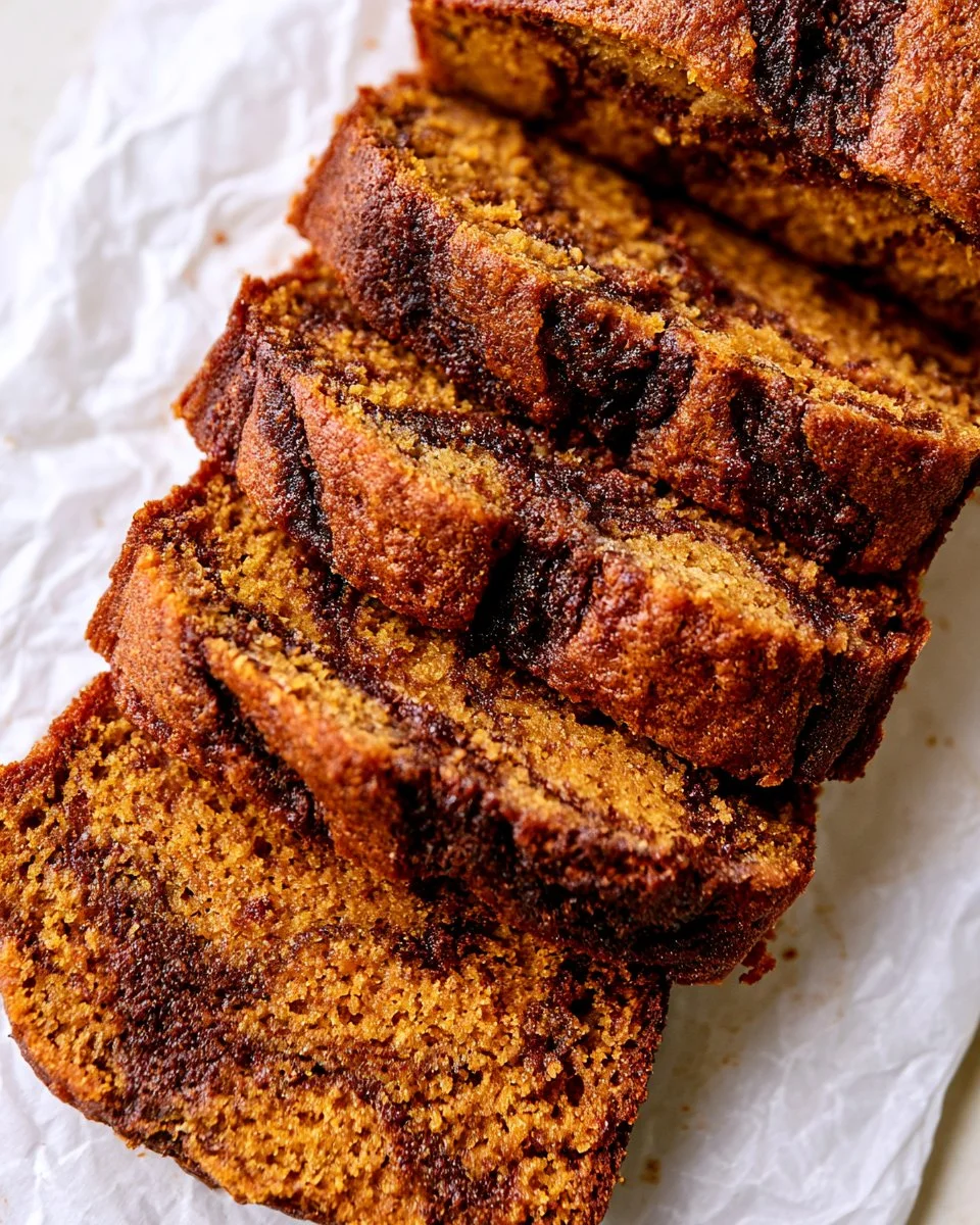 Pumpkin bread with a cinnamon swirl, freshly baked and sliced, garnished with spices.
