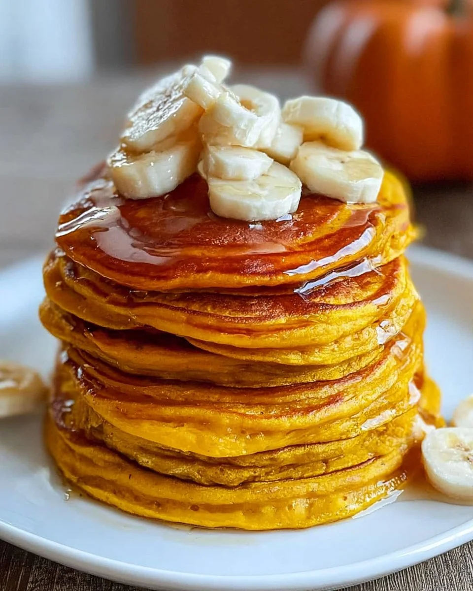 Delicious pumpkin pancakes topped with syrup and whipped cream