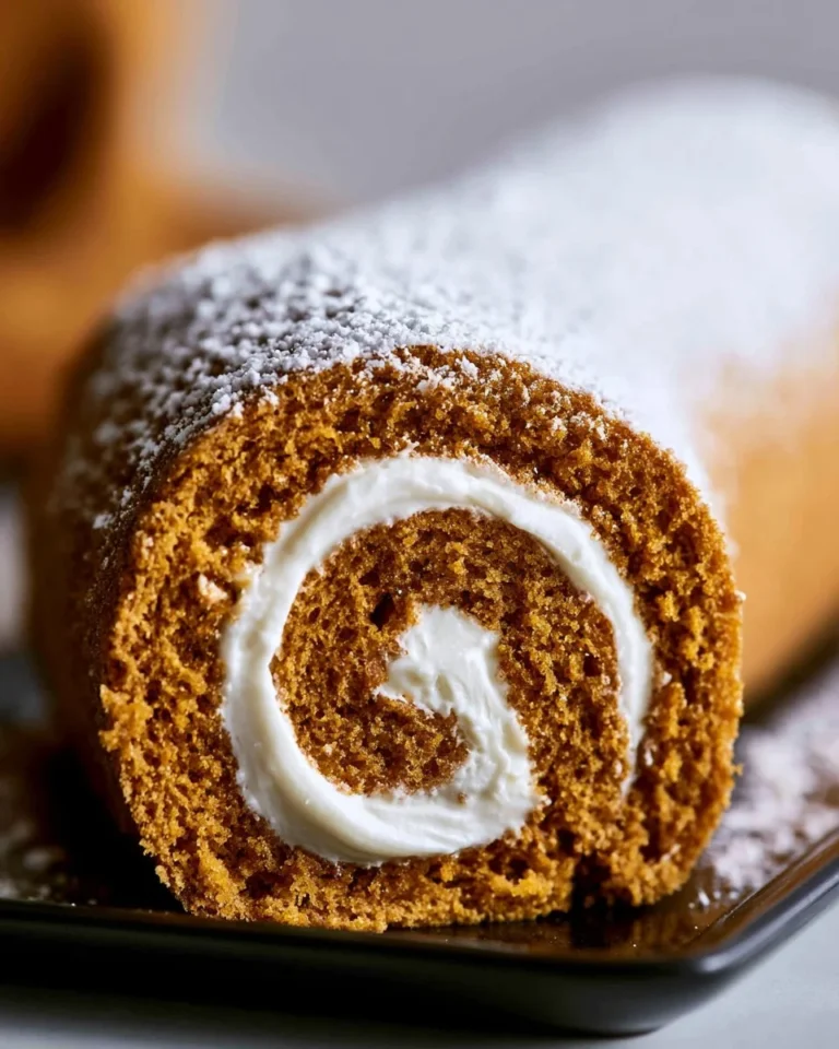 Slice of homemade pumpkin roll dessert with cream cheese filling