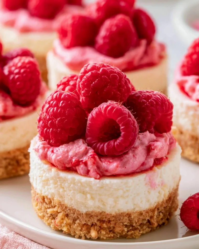Delicious raspberry cheesecakes topped with fresh raspberries and mint leaves.