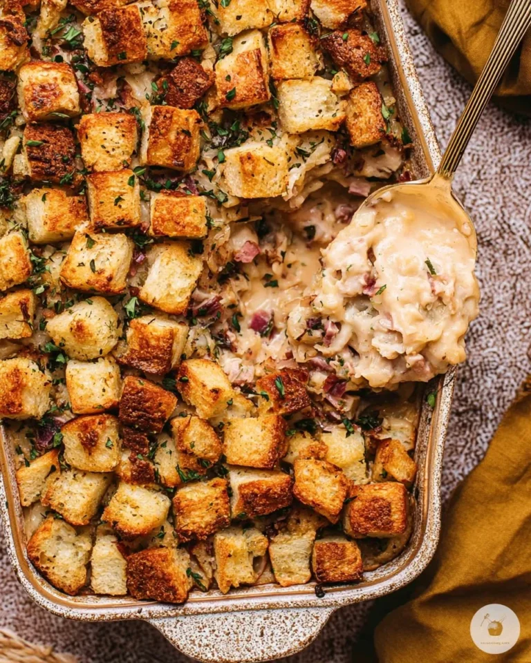 A delicious Reuben casserole with layers of corned beef, sauerkraut, and cheese