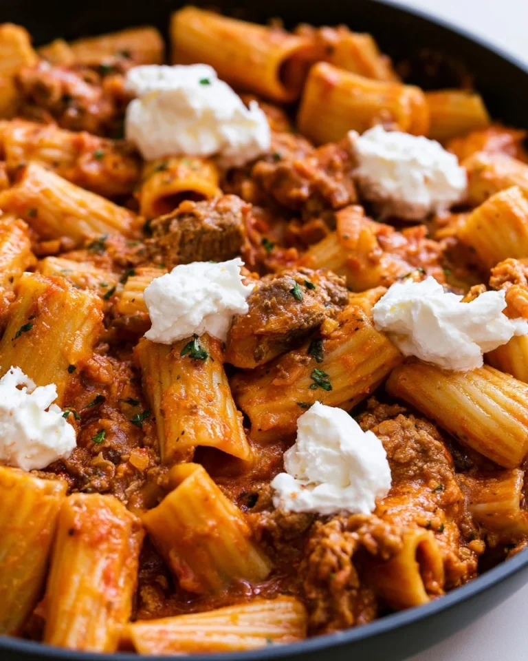Creamy ricotta pasta dish with beef served on a plate