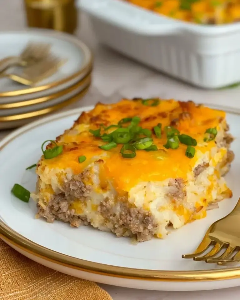 Sausage and Hashbrown Breakfast Casserole served in a baking dish