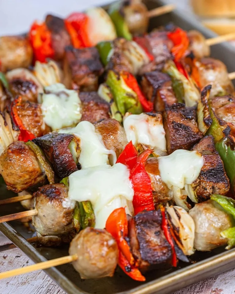 Sausage and pepper sandwich kabobs served on skewers with vibrant bell peppers.