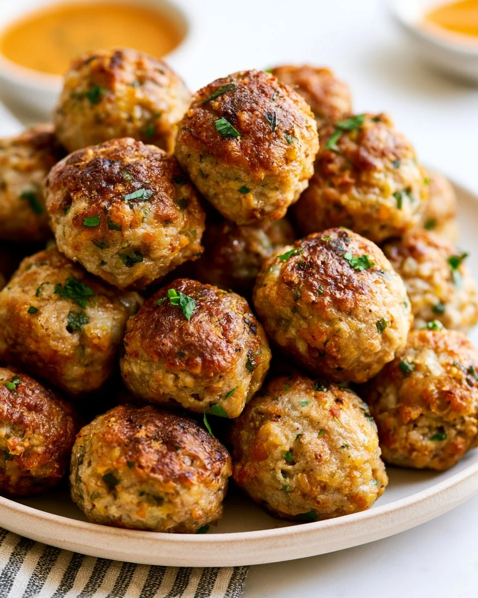 Homemade sausage stuffing balls on a serving platter.