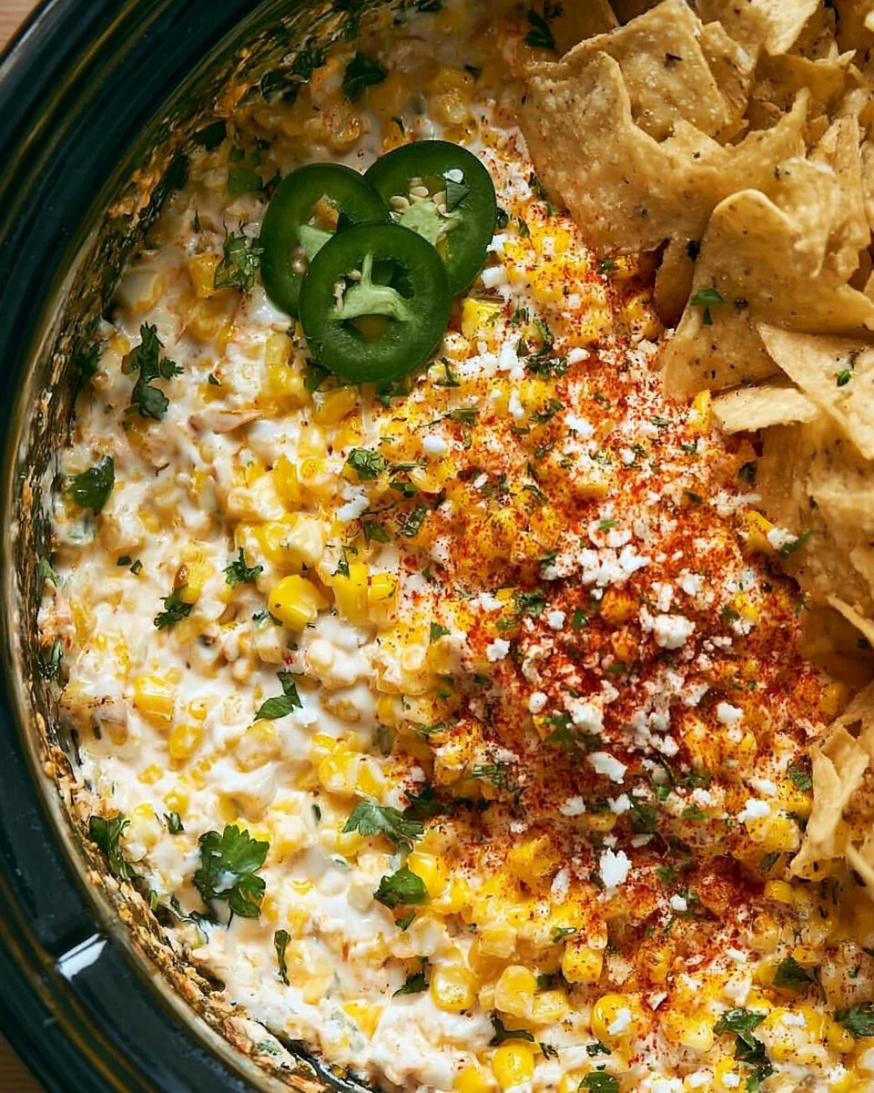 Delicious slow cooker street corn dip served with tortilla chips