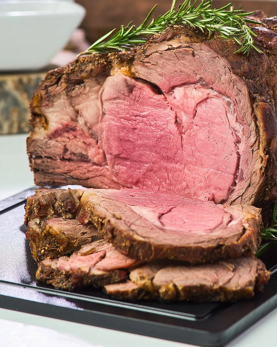 Smoked prime rib roast served with herbs and spices on a wooden cutting board.