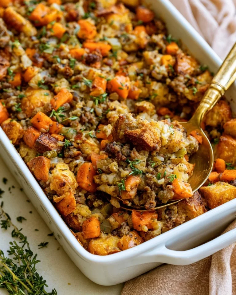 Bowl of homemade sourdough stuffing with herbs and vegetables