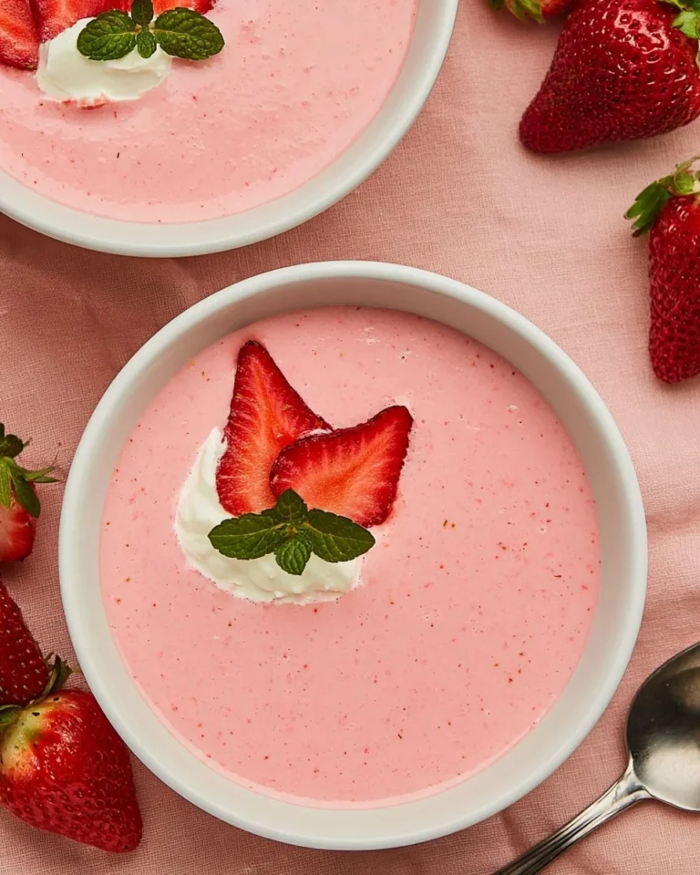 Bowl of refreshing strawberry soup garnished with mint leaves