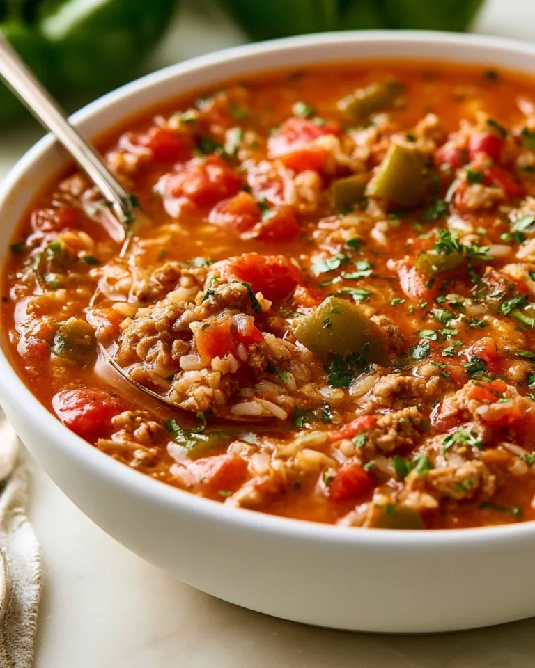 Bowl of flavorful stuffed pepper soup topped with herbs and served with bread.