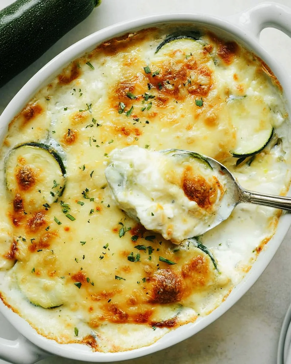 Delicious Three Cheese Zucchini Gratin baked to golden perfection