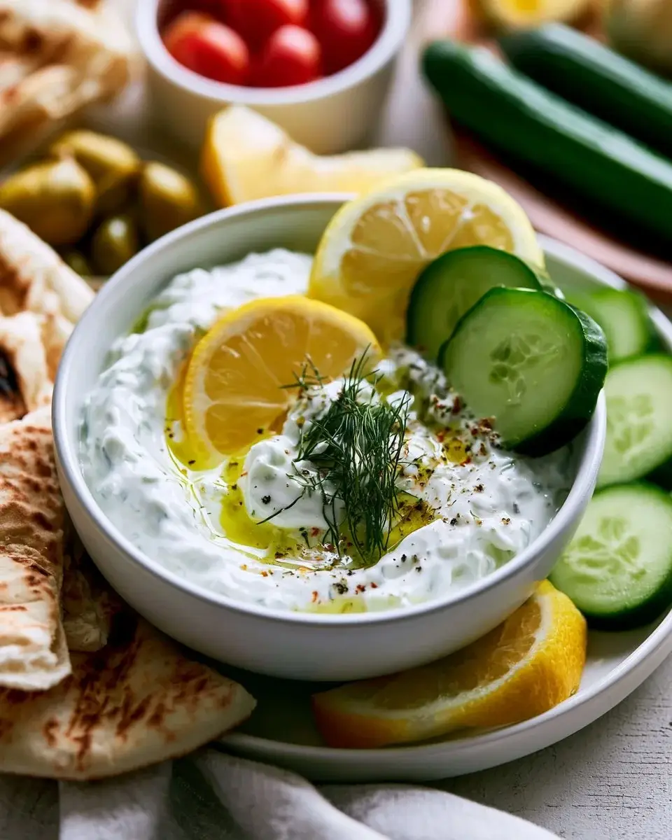 Delicious homemade Tzatziki Sauce in a bowl with fresh herbs and cucumber.