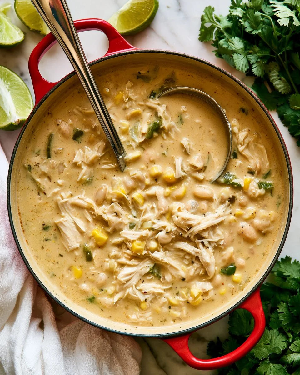 Bowl of white chicken chili topped with cilantro and lime wedges