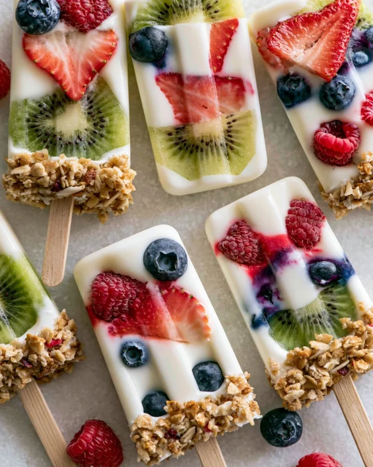Colorful yogurt popsicles in various flavors served on a wooden stick
