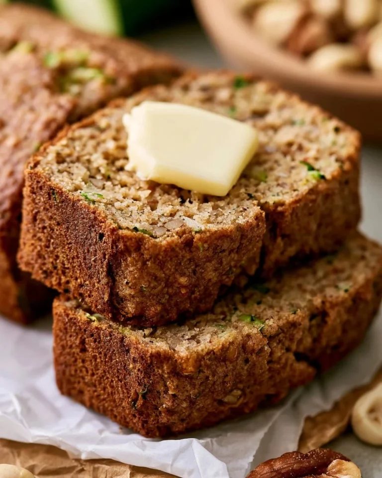 Homemade zucchini bread slice on a wooden table