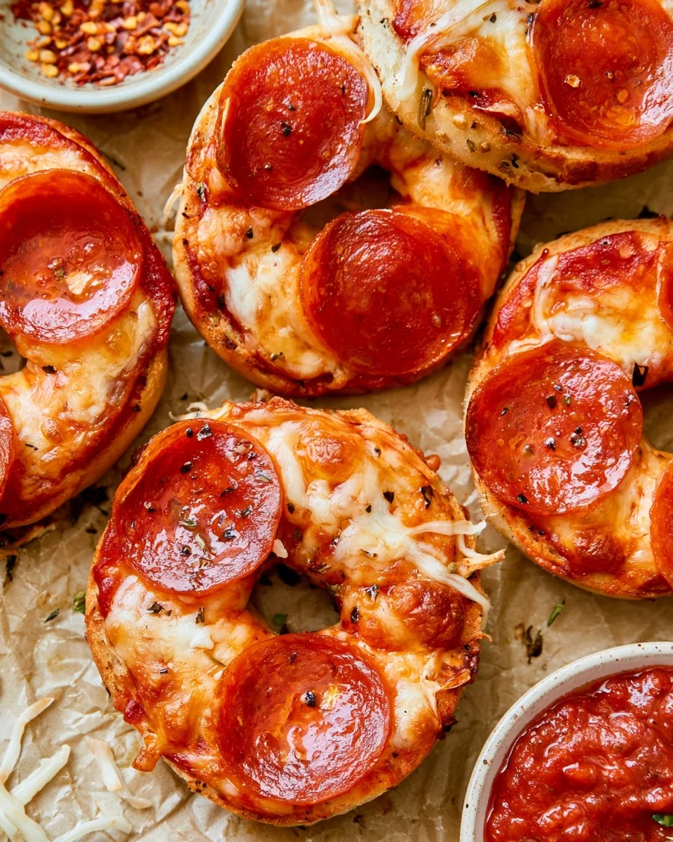 Air Fryer Pizza Bagels topped with cheese and pepperoni on a plate