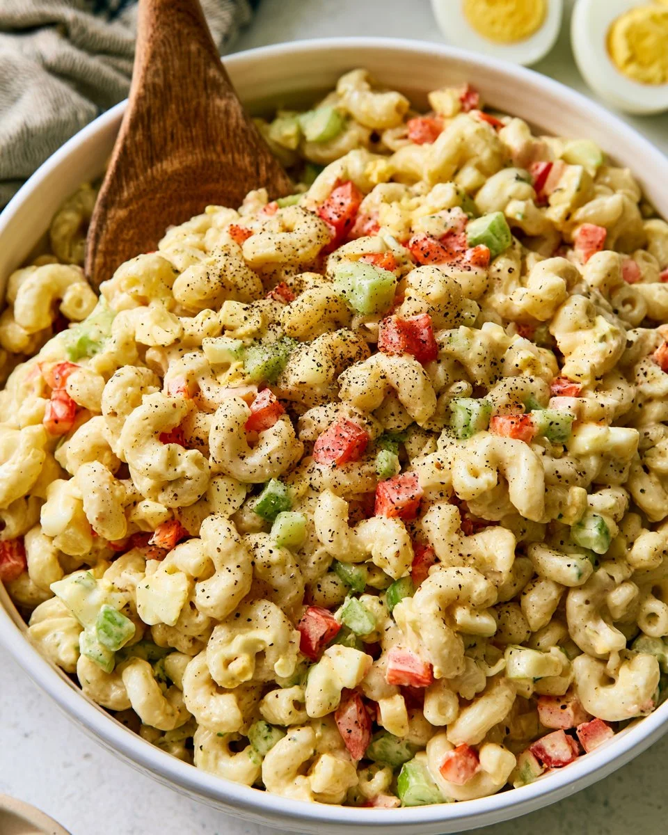 A vibrant bowl of Amish Pasta Salad with vegetables and dressing on a wooden table.