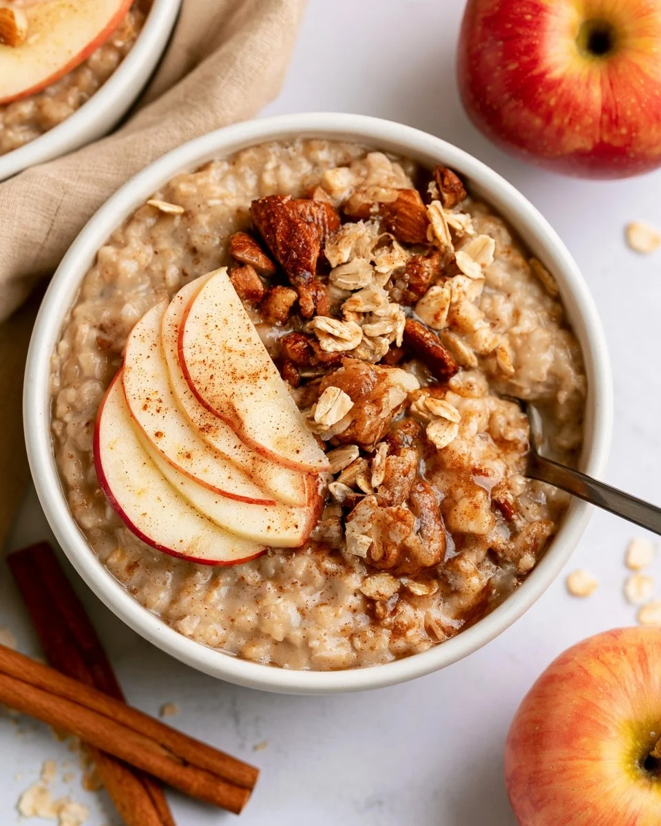 Bowl of warm Apple Cinnamon Oatmeal topped with apples and cinnamon