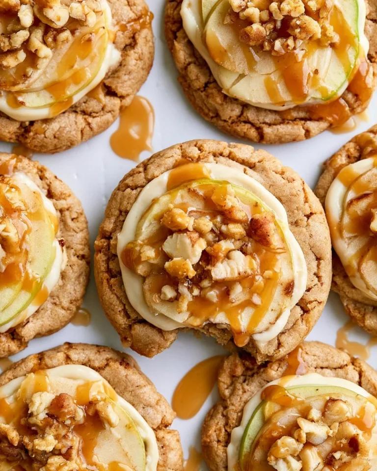 Freshly baked Caramel Apple Cookies on a rustic wooden table