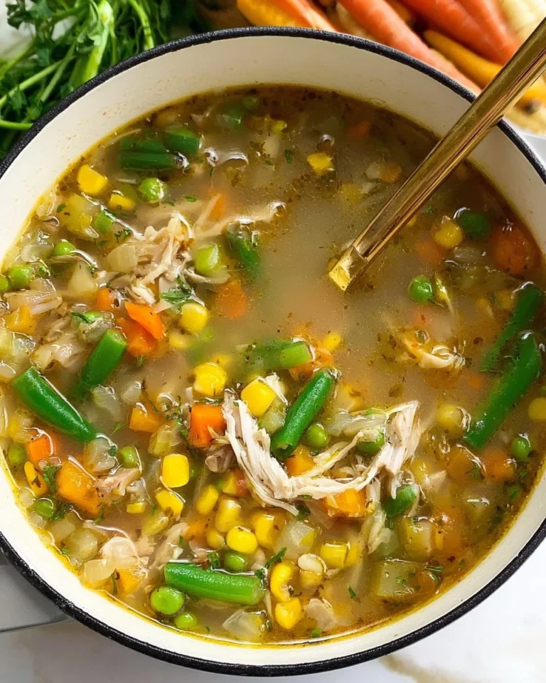 Bowl of hearty Chicken Vegetable Soup with fresh veggies and tender chicken.
