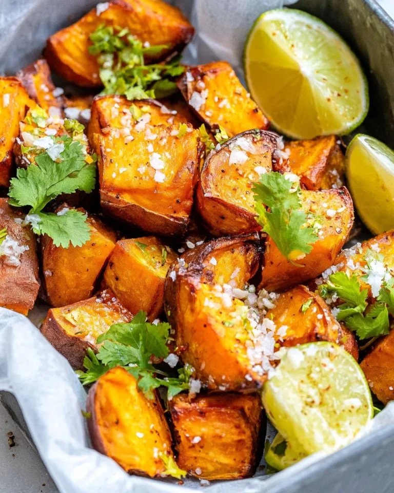 Chili lime roasted sweet potatoes on a plate garnished with lime slices