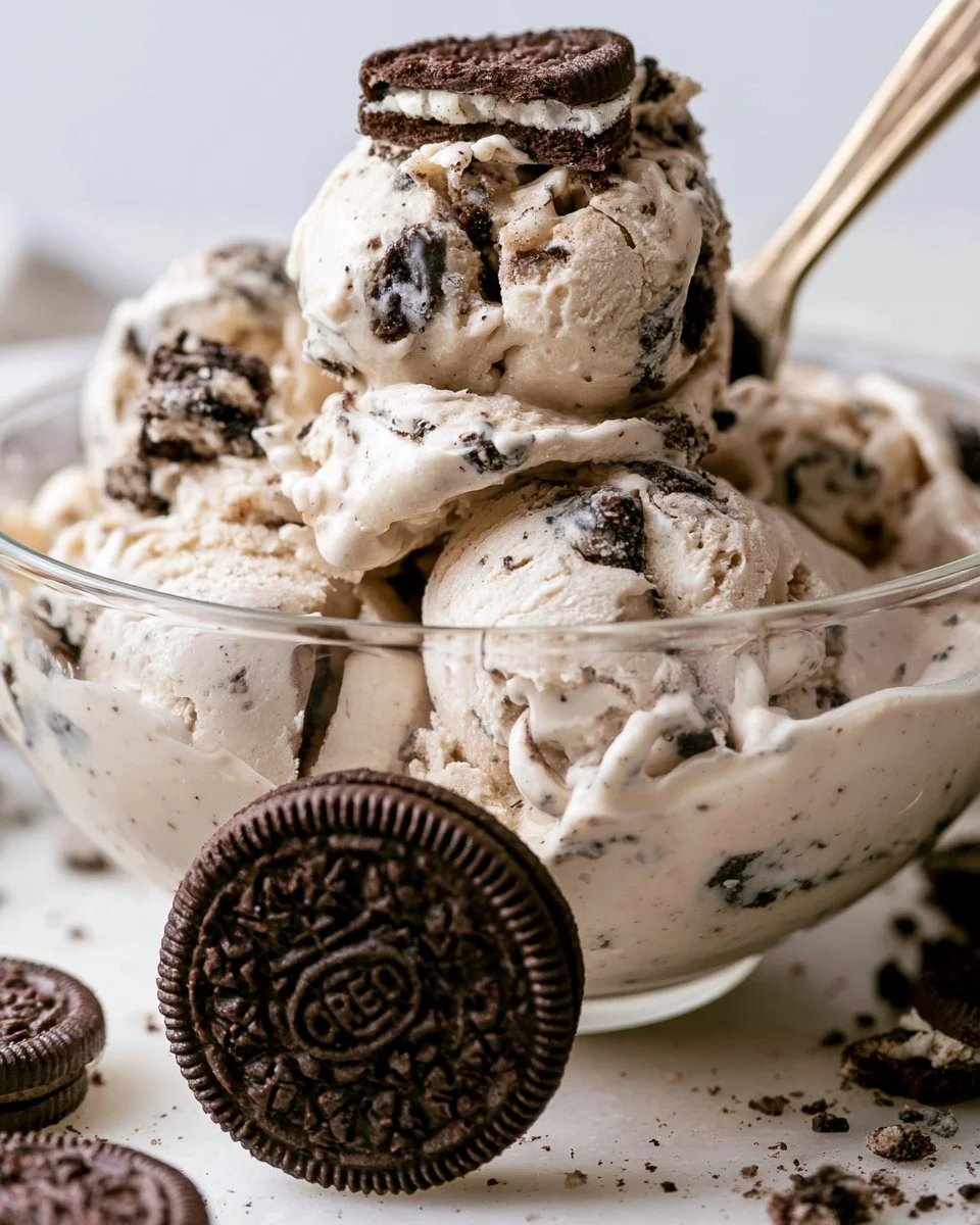 Delicious bowl of homemade Cookies and Cream Ice Cream with chocolate cookie chunks.