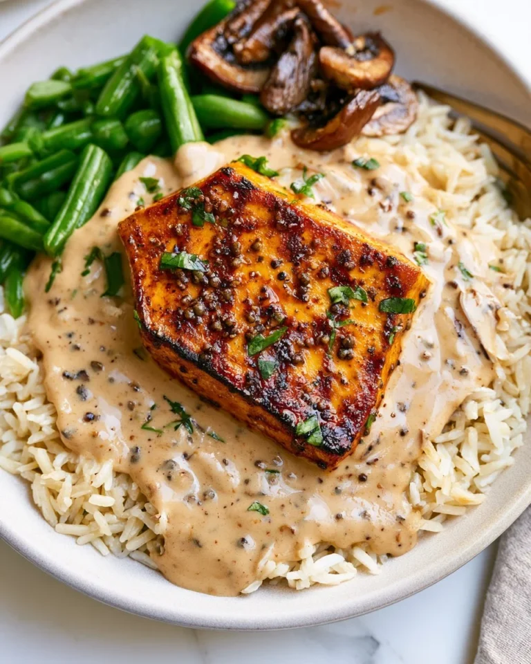 Delicious creamy peppercorn tofu dish served with fresh herbs