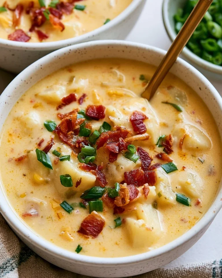 A bowl of creamy crockpot potato soup garnished with herbs