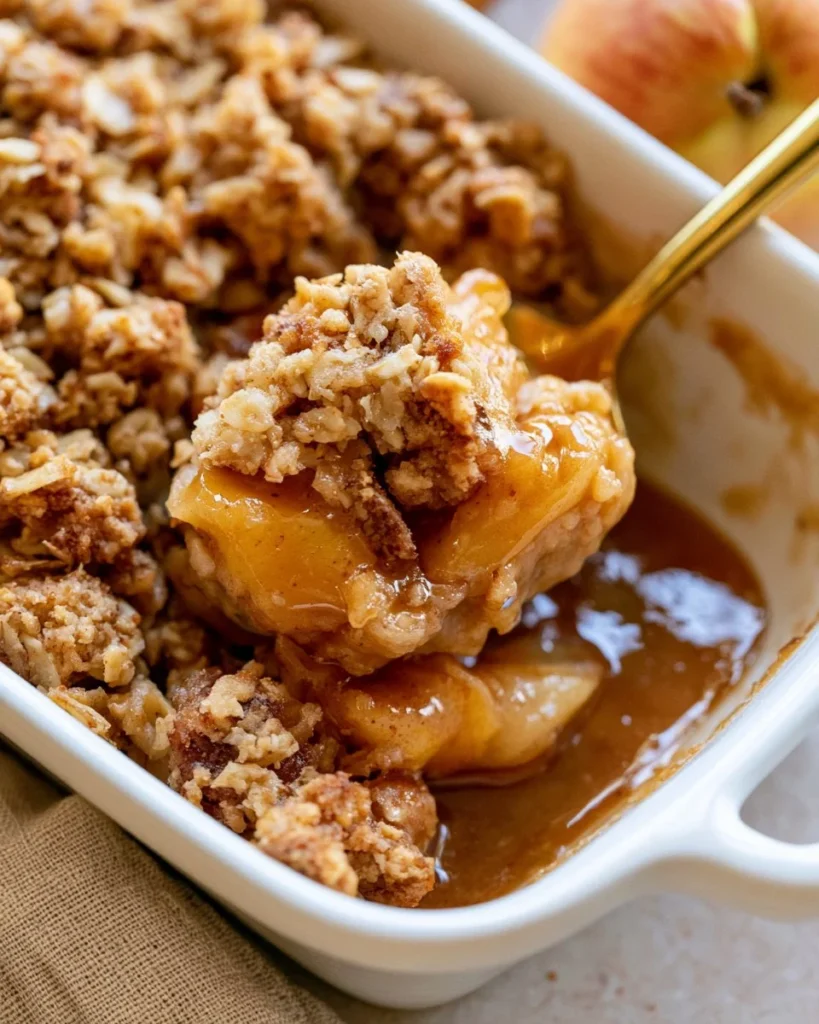 Bowl of easy apple crisp topped with vanilla ice cream and caramel sauce.