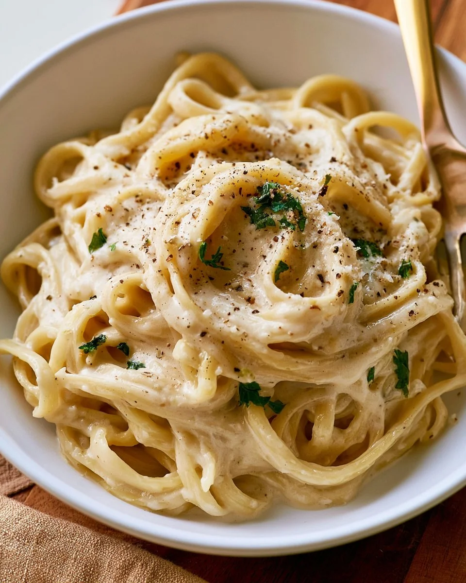 Bowl of easy creamy homemade Alfredo sauce with pasta